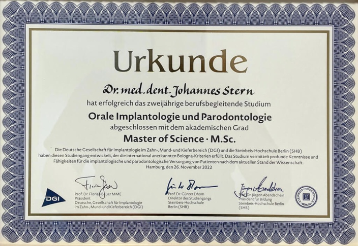 Urkunde Master of Science Orale Implantologie und Parodontologie